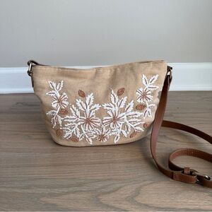 Chicos Embroidered Beaded Neutral Floral Crossbody Bag